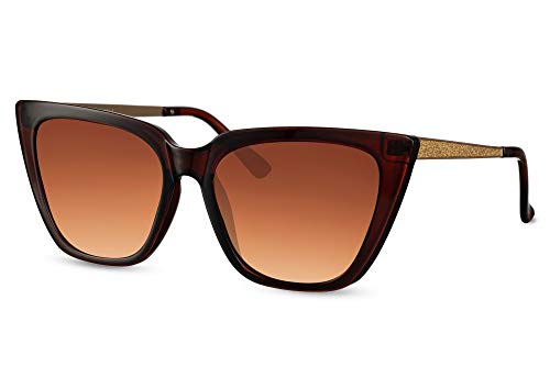 Cheapass Gafas de sol Sunglasses Wide Ojo de Gato Trendy Marrón transparente Estilo para mujer con lentes marrones Gradien Templos dorados con purpurina y protección UV400