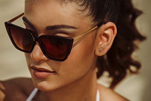 Cheapass Gafas de sol Sunglasses Wide Ojo de Gato Trendy Marrón transparente Estilo para mujer con lentes marrones Gradien Templos dorados con purpurina y protección UV400