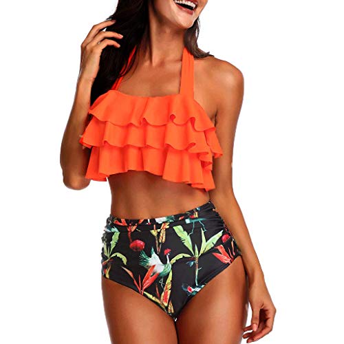 CheChury Bikini Mujer Traje de baño Ruffle Retro Alta Conjunto de Bikini Cintura Alta Monokini Push Up Bañador Push Up Bikini Set para Mujer