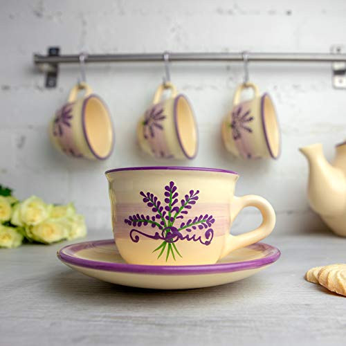 City to Cottage® Morado y Crema | Patrón Lavanda | Hecho a Mano por Diseñadores | Cerámica Única de 9oz/250ml | Taza de Café Capuchino con Plato | Regalo