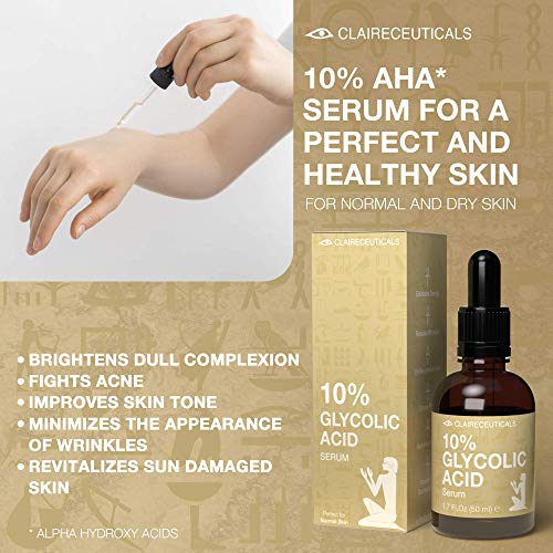 CLAIRECEUTICALS Serum Acido Glicolico 10% - Peeling Quimico No Invasivo con Ácido Glicolico - Serum Glicolico Facial con Ácido Hialurónico y Extracto de Té Verde - Eficaz Antiacné y Antiarrugas, 50ml