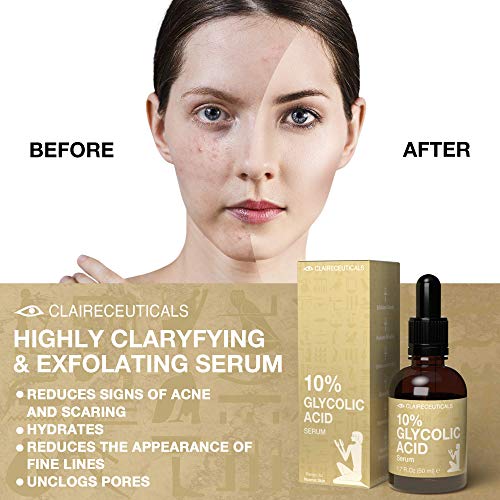 CLAIRECEUTICALS Serum Acido Glicolico 10% - Peeling Quimico No Invasivo con Ácido Glicolico - Serum Glicolico Facial con Ácido Hialurónico y Extracto de Té Verde - Eficaz Antiacné y Antiarrugas, 50ml