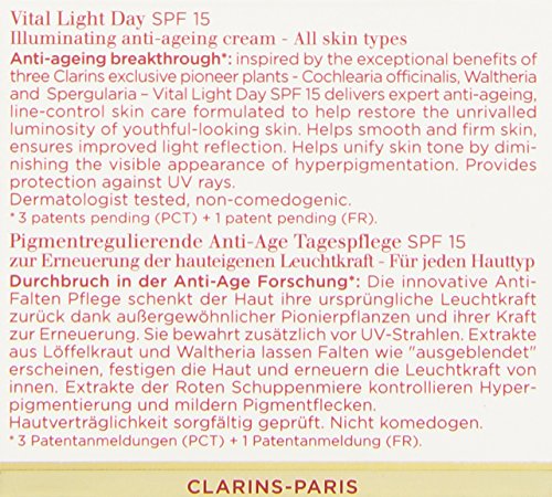 Clarins - Vital Light Day, factor de protección solar 15 - Tratamiento antiedad iluminador para todo tipo de piel - 50 ml