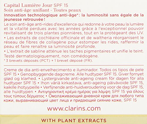 Clarins - Vital Light Day, factor de protección solar 15 - Tratamiento antiedad iluminador para todo tipo de piel - 50 ml