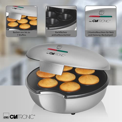 Clatronic MM 3496 - Máquina de hacer magdalenas muffins cupcakes, placa antiadherente, 900 W, color plateado