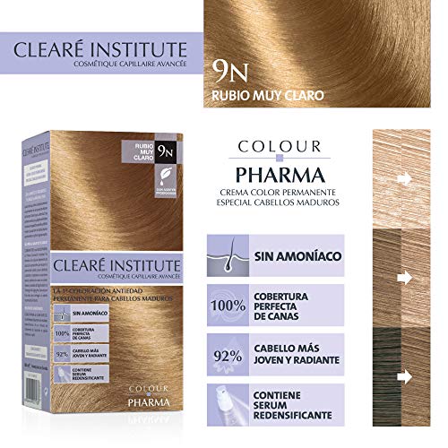 CLEARÉ INSTITUTE Colour Pharma|Tinte Sin Ppd Ni Amonicaco | Coloración Antiedad | 00% Cobertura De Canas Rebeldes, Con Serum Redensificante | | 80Ml, 9N. Rubio Muy Claro