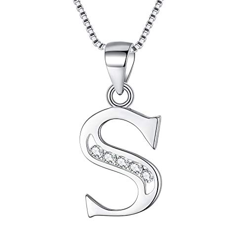 Clearine Collar de Mujer Plata 925 con Colgante Letras 26 Zirconia Cúbica Alfabeto Personalizado"S"