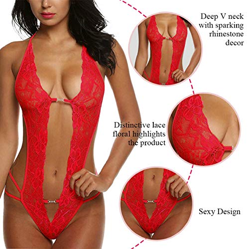 CMTOP Lencería Mujer Ropa Interior Encaje con Cuello En v De Babydoll Lencería De Encaje De Malla Conjunto Juego de rol(Rojo,Talla única)