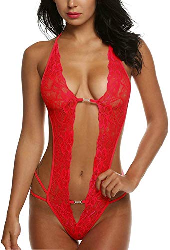 CMTOP Lencería Mujer Ropa Interior Encaje con Cuello En v De Babydoll Lencería De Encaje De Malla Conjunto Juego de rol(Rojo,Talla única)