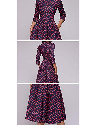 Cóctel Floral para Mujer de los años 50 Vestidos Retro Vintage Vestido de Noche Midi Elegante 3/4 Mangas