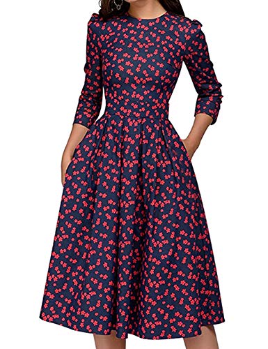 Cóctel Floral para Mujer de los años 50 Vestidos Retro Vintage Vestido de Noche Midi Elegante 3/4 Mangas