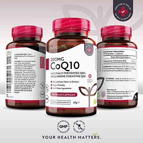 Coenzima Q10 200 mg - 100% Pura Fermentada Naturalmente - 120 Cápsulas Veganas de CoQ10 de Alta Potencia - Suministro para 4 Meses - Producto Elaborado en el Reino Unido por Nutravita