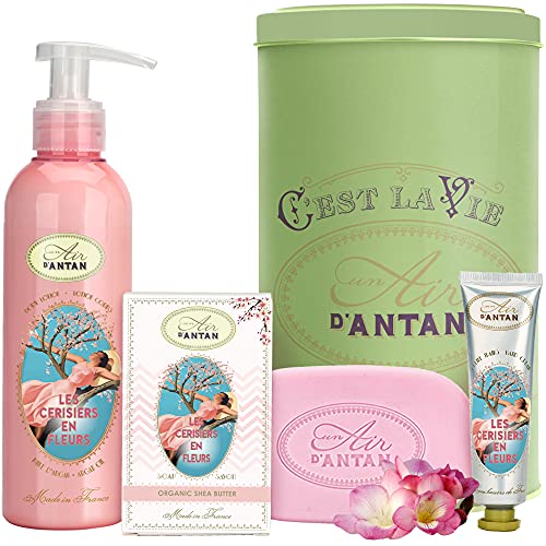 Cofre Regalo Mujer: 1 Jabon 100g, 1 Crema Corporal 200ml,1 Crema de Manos 25ml / Un Air d’Antan® /Perfume: Flor De Cerezo & Freesia/Caja Bonita/Belleza Mujer/Regalo Original/Caja De Jabon