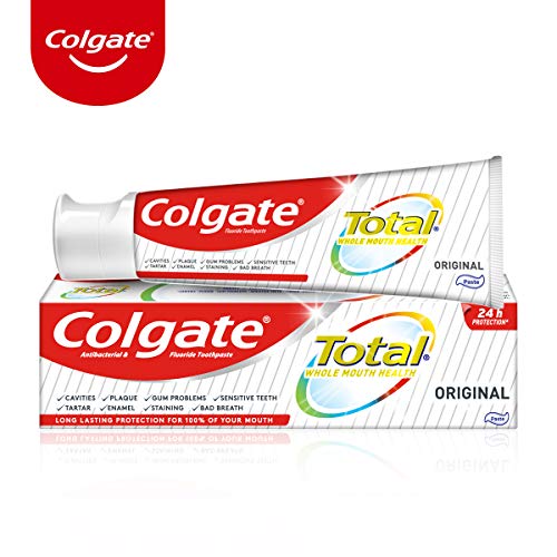 Colgate Kit Total Original, Pasta de Dientes, Protege Contra Problemas de Encías, Caries, Placa, Dientes Sensibles, Sarro, Daño del Esmalte y Manchas en los Dientes, Pack de 4 Uds x 75ml + 1 Ud x 20ml