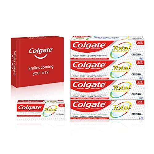 Colgate Kit Total Original, Pasta de Dientes, Protege Contra Problemas de Encías, Caries, Placa, Dientes Sensibles, Sarro, Daño del Esmalte y Manchas en los Dientes, Pack de 4 Uds x 75ml + 1 Ud x 20ml