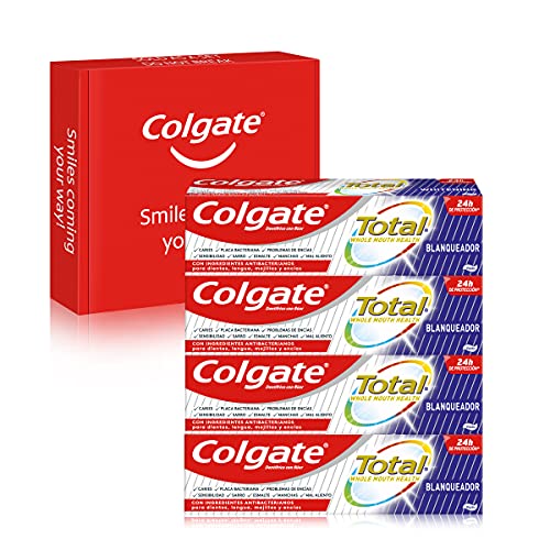 Colgate Total Blanqueador, Pasta de dientes blanqueante con Ingredientes Antibacterianos , Pack 4 Uds x 75ml