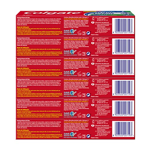 Colgate Triple Acción, Pasta de Dientes con Flúor, Protección Anticaries, Dientes más Blancos, Aliento Fresco, Pack 6 Uds x 75ml