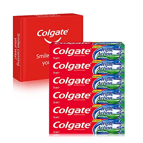 Colgate Triple Acción, Pasta de Dientes con Flúor, Protección Anticaries, Dientes más Blancos, Aliento Fresco, Pack 6 Uds x 75ml