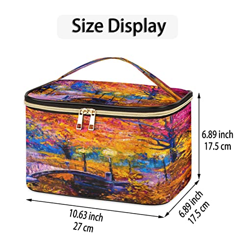 Colorido otoño otoño árbol pintura cuero maquillaje bolsa grande viaje cosmética bolsa organizador de maquillaje con cremallera para niñas mujeres