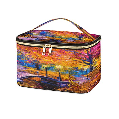 Colorido otoño otoño árbol pintura cuero maquillaje bolsa grande viaje cosmética bolsa organizador de maquillaje con cremallera para niñas mujeres