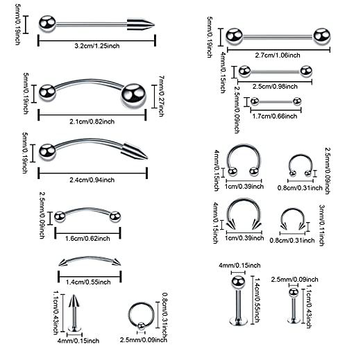 Comius Sharp 85 piezas de Acero Inoxidable Mezclado para Piercing de Cuerpo, Lengua, Labio,Ceja, Nariz, Remaches, Anillo para El Vientre para Hombres, Mujeres, Económico y Duradero, Varios Tamaños