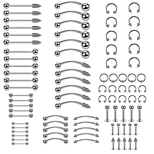 Comius Sharp 85 piezas de Acero Inoxidable Mezclado para Piercing de Cuerpo, Lengua, Labio,Ceja, Nariz, Remaches, Anillo para El Vientre para Hombres, Mujeres, Económico y Duradero, Varios Tamaños