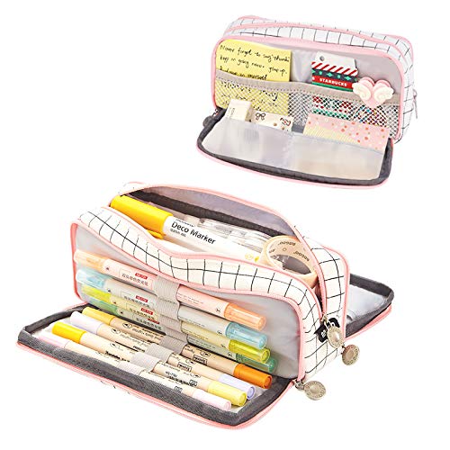 Coolzon Estuche Escolar con 3 Compartimentos, Estuches de Lápices de Gran Capacidad Estuche Organizador Portalapices Neceser Maquillaje para Niñas Niños Adolescentes Estudiantes Adultos, Blanco y rosa