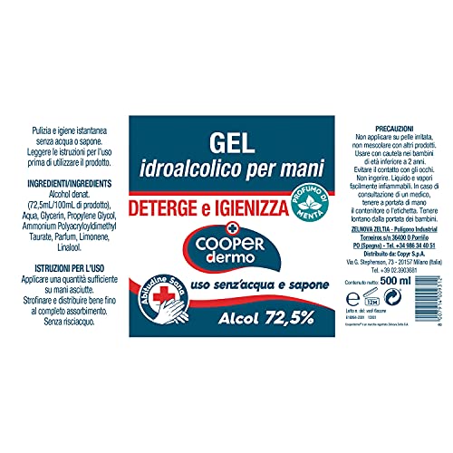 Cooper Protect Dermo Gel Higienizante de Manos, Gel Hidroalcohólico, 72.5% de Alcohol, Sin Agua Ni Jabón, Aroma Menta, Protección para Toda Tu Familia, 500ml