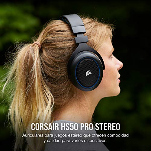 Corsair HS50 Pro Stereo Auriculares para Juegos (Ajustables Espuma viscoelástica Almohadillas, Ancelación del Ruido extraíble micrófono, Compatible con PC, PS4, Xbox One, Switch y móviles), Azul