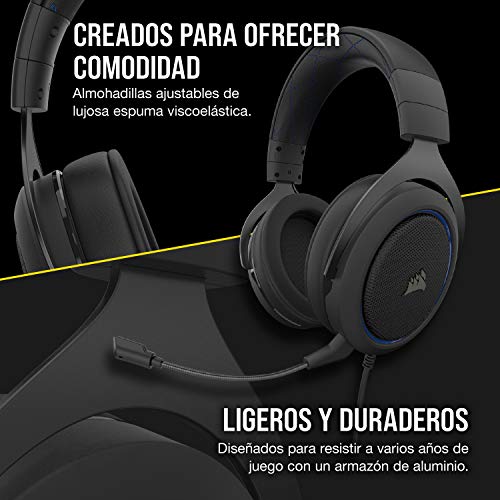 Corsair HS50 Pro Stereo Auriculares para Juegos (Ajustables Espuma viscoelástica Almohadillas, Ancelación del Ruido extraíble micrófono, Compatible con PC, PS4, Xbox One, Switch y móviles), Azul