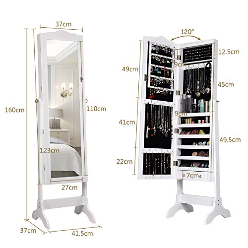 COSTWAY Armario para Joyas Espejo Joyero con 14 Luces LED Espejo de Cuerpo Entero con Cerradura Gabinete de Joyería de Pie Organizador para Anillos Cadena y Pendientes (Blanco)