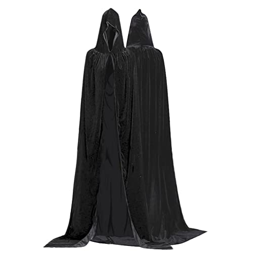 cotigo Larga Capa de Vampiro Diablo de Terciopelo con Capucha para Disfraz de Fiesta Halloween y Carnaval,Talla Unica,para Adulto Mujeres Hombres (Negra)