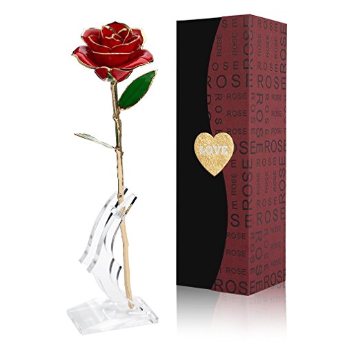 Cozime Rosa de Oro 24K con Base Soporte, Fresco Rosas Vivas con Caja de Regalo para Madre, Novia, Esposa, el Día de San Valentín, Navidad, Fiestas Doradas - Rojo (Rojo) (Rojo) (Rojo)