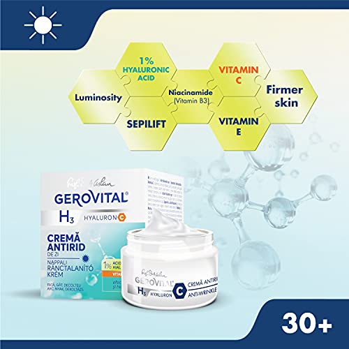 Crema Antiarrugas de Día Rica en Ácido Hialurónico y Vitamina C, con Efecto Hidratante Intenso, Gerovital H3 Hyaluron C