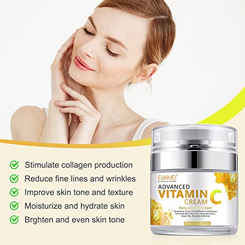 Crema Facial de Vitamina C con ácido Hialurónico, Crema Facial Natural Antienvejecimiento y Arrugas de día y Noche para Mujeres y Hombres, Aumenta el Colágeno de Piel, Ilumina, Hidrata y Rellena Piel