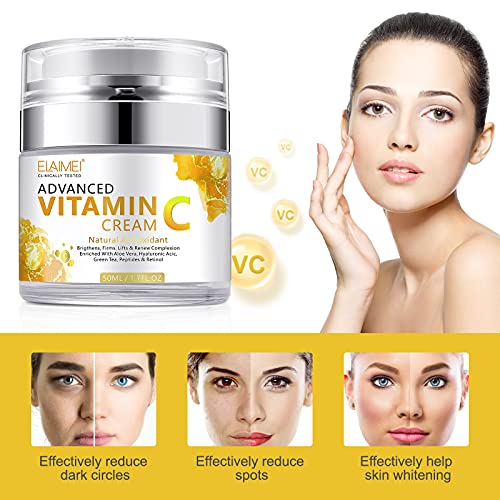 Crema Facial de Vitamina C con ácido Hialurónico, Crema Facial Natural Antienvejecimiento y Arrugas de día y Noche para Mujeres y Hombres, Aumenta el Colágeno de Piel, Ilumina, Hidrata y Rellena Piel