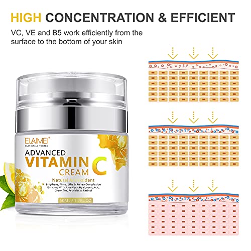 Crema Facial de Vitamina C con ácido Hialurónico, Crema Facial Natural Antienvejecimiento y Arrugas de día y Noche para Mujeres y Hombres, Aumenta el Colágeno de Piel, Ilumina, Hidrata y Rellena Piel