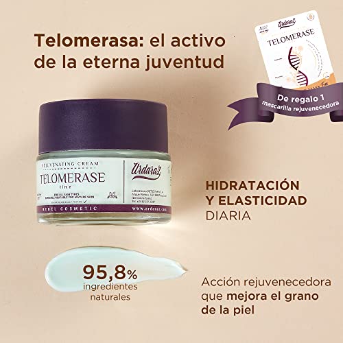 Crema Hidratante Facial Mujer Rejuvenecedora con Telomerasa y Acido Hialuronico, Crema antiarrugas mujer de día y de noche con 95.80% de ingredientes naturales. Ardaraz