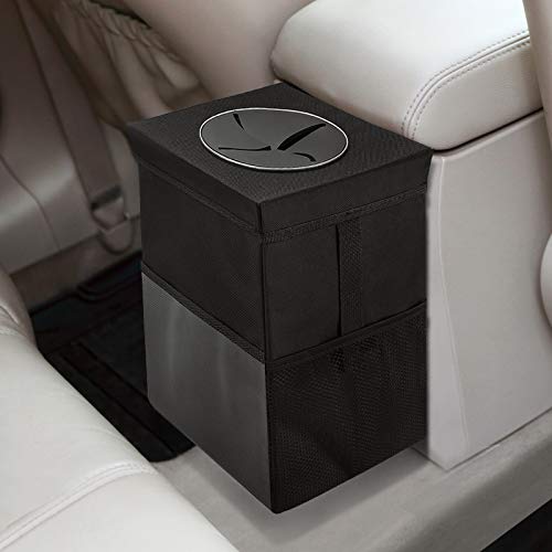 Cubo de basura para coche con tapa, bolsa de basura para colgar con bolsillos de almacenamiento, a prueba de fugas, organizador de coche plegable y portátil, resistente al agua, multiusos coche cubo