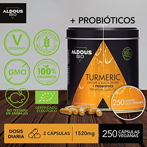 Cúrcuma con Jengibre y Pimienta Negra con PROBIÓTICOS | 1520mg | 250 Cápsulas | Cúrcuma en Cápsulas con Curcumina y Piperina | Antiinflamatorio Natural | Fórmula Avanzada | Certificación Ecológica