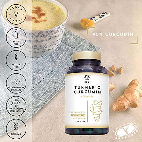 Cúrcuma en cápsulas con Pimienta Negra. Curcumina con Piperina 760 mg la más potente Turmeric, Antiinflamatorio natural, antioxidantes potentes. 90 Cápsulas. Certificado Vegano.N2 Natural Nutrition