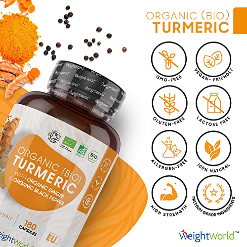 Cúrcuma Orgánica de 1440 mg con Jengibre y Pimienta Negra 180 Cápsulas Veganas - Cúrcuma en Cápsulas Natural Alta Resistencia y Absorción Fuente de Curcumina y Piperina, Ingredientes de Origen Natural