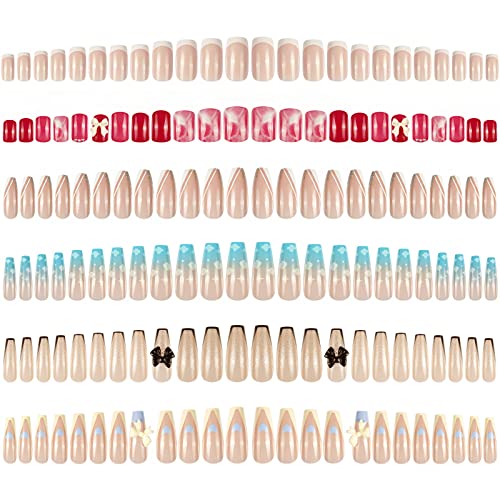 Czemo 144 Piezas Uñas Postizas Colores con Adhesivo Cubierta Completa Puntas Uñas Falsas Cuadradas Acrílicas Kit Limas de Uñas Palo de Naranja Accesorios y Preparación de Uñas