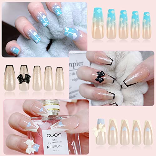 Czemo 144 Piezas Uñas Postizas Colores con Adhesivo Cubierta Completa Puntas Uñas Falsas Cuadradas Acrílicas Kit Limas de Uñas Palo de Naranja Accesorios y Preparación de Uñas