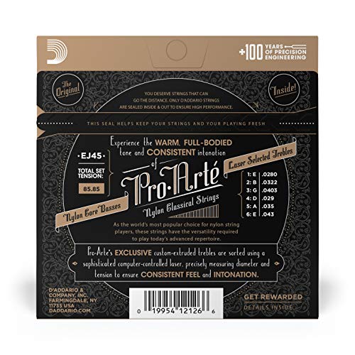 D'Addario EJ45 Pro-Arte, cuerdas de nailon para guitarra clásica, tensión normal