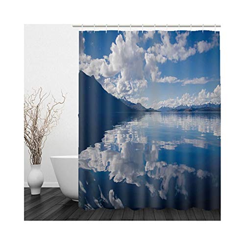 Daesar Cortina de Ducha Antimoho 90x180,Cielo Azul Nubes Blancas y Lago Cortinas Baño Poliéster Azul Blanco Cortinas de Baño Anillas