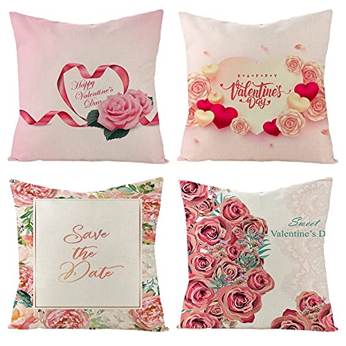 Daesar Pack de 4 Fundas para Cojines,Cojines Sin Relleno,Flores Rosas Sweet Valentine's Day Fundas Cojines 40x40 de Cuadros Rosa