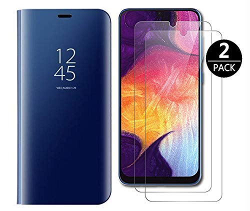 Dedux Funda Samsung Galaxy A20e + [2 Pack] Protector de Pantalla - Modelo Inteligente Fecha/Hora Ver Espejo Brillante tirón del Caso Duro con para el Samsung Galaxy A20e, Azul