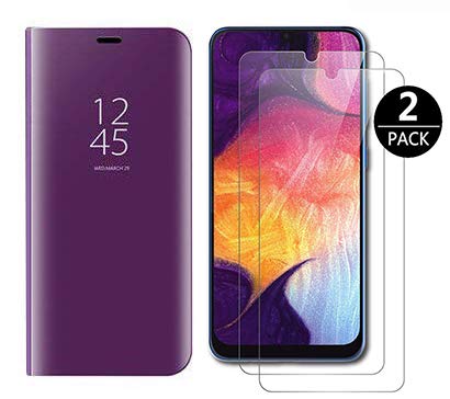 Dedux Funda Samsung Galaxy A30s + [2 Pack] Protector de Pantalla - Modelo Inteligente Fecha/Hora Ver Espejo Brillante tirón del Caso Duro con para el Samsung Galaxy A30s, Púrpura