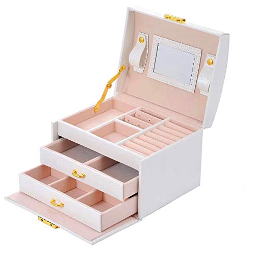 Delgeo Caja para Joyas Pendientes Pulseras Anillos, Caja Joyero con Espejo y Cajones, Cajas para Joyas Regalo, Organizador Joyero con Cerradura - Blanco Perla